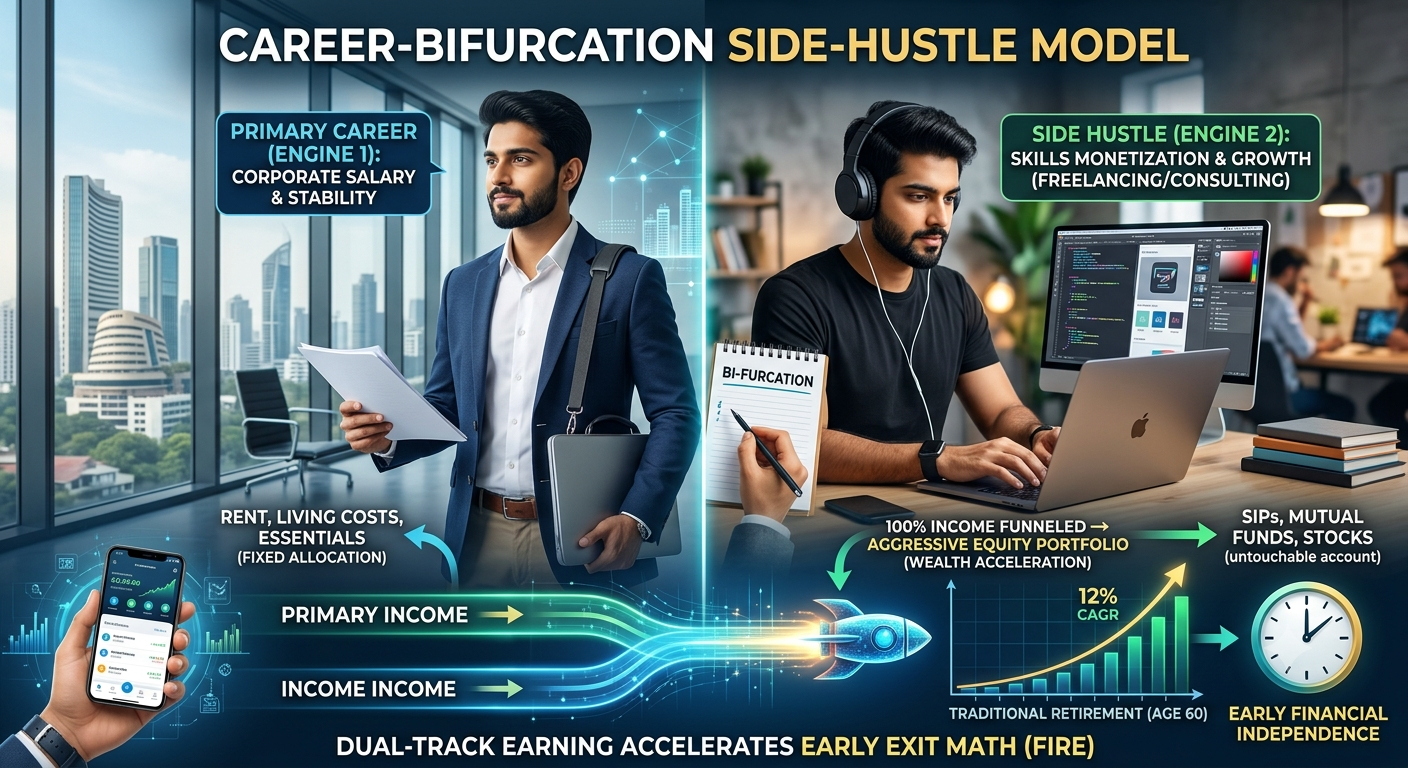 Infographic showing a split view of a professional balancing a corporate job (Engine 1) and a side hustle (Engine 2) to accelerate early retirement.