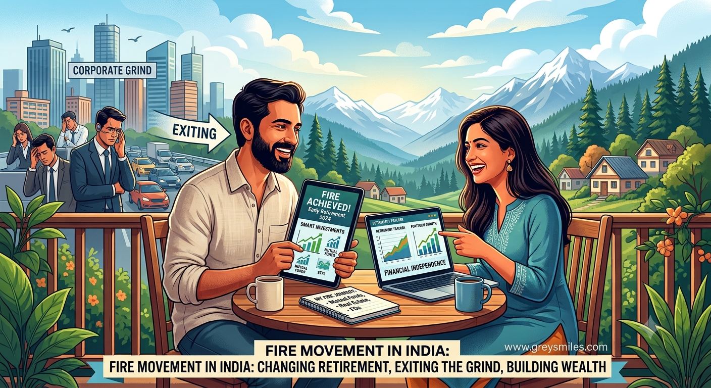 An Indian couple reviewing early retirement mutual fund investments and financial independence tracking metrics on a laptop and tablet, transitioning away from the stressful corporate grind to a peaceful mountain lifestyle.