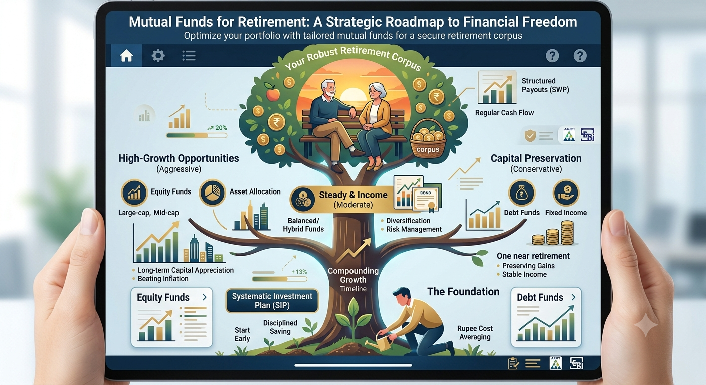 Infographic on a tablet screen showing a strategic roadmap for mutual funds for retirement, featuring branches for equity growth, balanced hybrid funds, and debt funds for capital preservation.