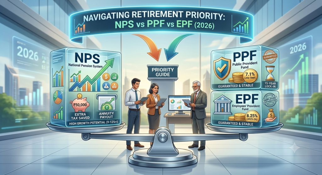 NPS vs PPF vs EPF comparison chart displaying priority framework, market returns, guaranteed interest rates, and tax benefits for Indian investors in 2026.