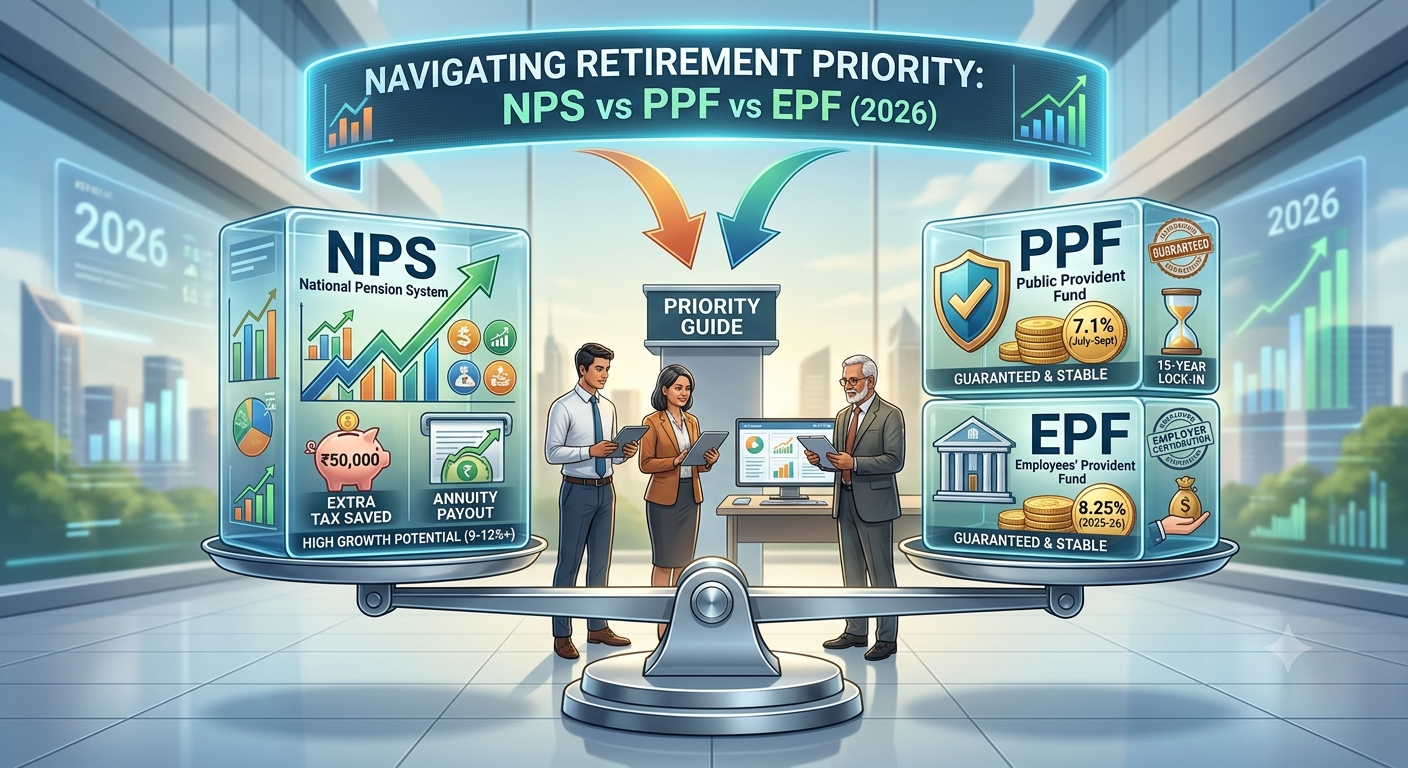NPS vs PPF vs EPF comparison chart displaying priority framework, market returns, guaranteed interest rates, and tax benefits for Indian investors in 2026.