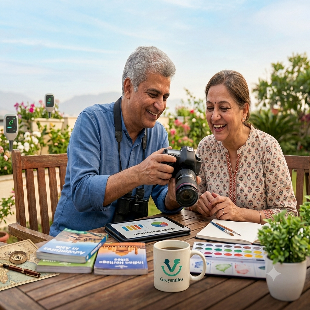 An active senior Indian couple smiling on a sunny veranda, exploring photography, travel planning, watercolors, and digital wealth management to start their second act after 60.
