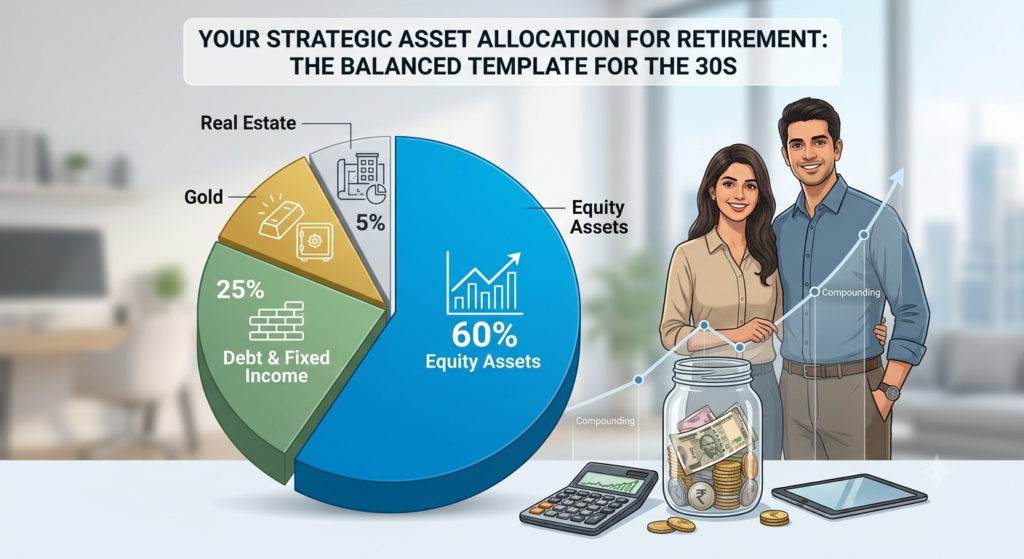 A financial infographic titled 'YOUR STRATEGIC ASSET ALLOCATION FOR RETIREMENT: THE BALANCED TEMPLATE FOR THE 30S', featuring a pie chart dividing investments (60% Equity Assets, 25% Debt & Fixed Income, 10% Gold, 5% Real Estate) next to a couple, a currency jar, and a compounding graph.