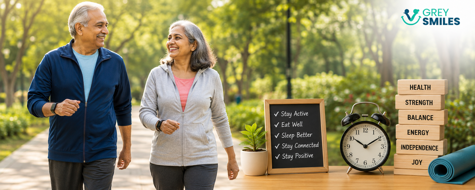 Older Indian couple walking together in a park as part of active ageing