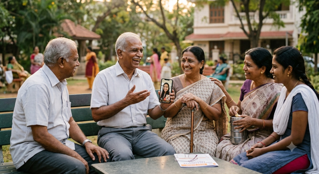 An elderly Indian couple outdoors in a park showing a video call of their daughter on a smartphone to friends.