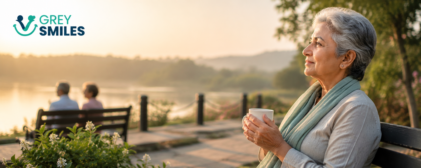 Older woman reflecting peacefully by a lakeside after loss