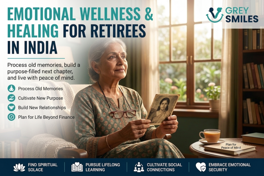 Senior Indian woman reflecting over a vintage photograph, representing emotional wellness and healing for retirees in India.