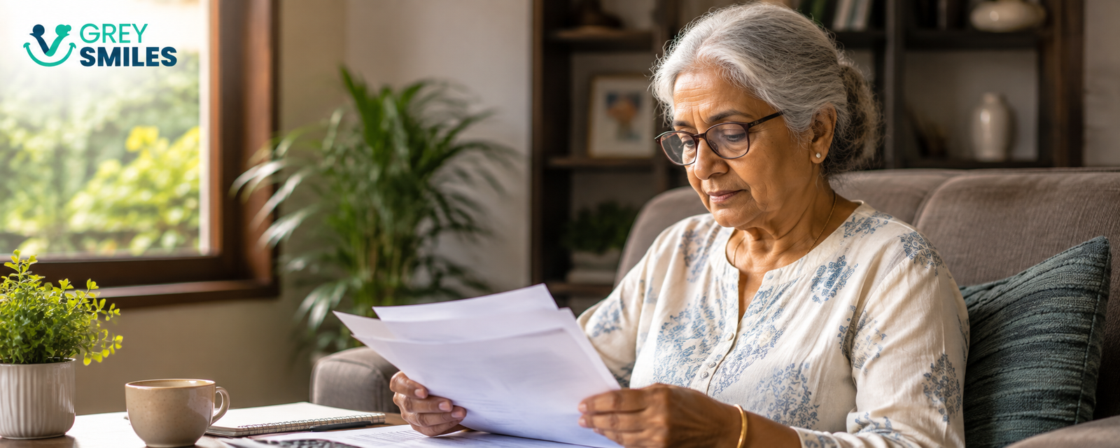 Senior woman reviewing financial documents at home