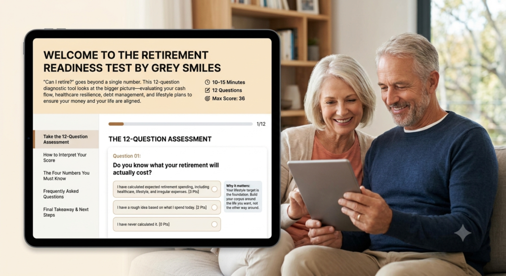 A senior couple sitting on a living room sofa, smiling as they look at a tablet displaying the Grey Smiles Retirement Readiness Test.