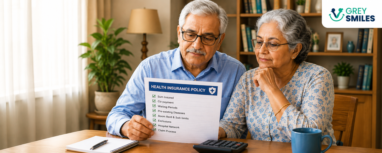 Indian senior couple reviewing health insurance coverage at home