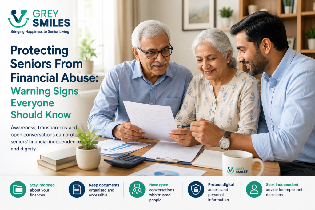 Senior couple reviewing financial documents with a trusted family member