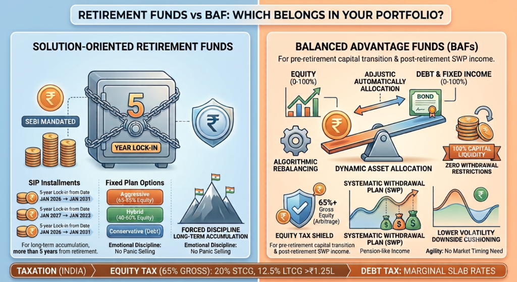 Infographic comparing Solution-Oriented Retirement Funds vs Balanced Advantage Funds in India, detailing 5-year lock-in rules, dynamic equity allocation, SWP payouts, and Indian mutual fund taxation
