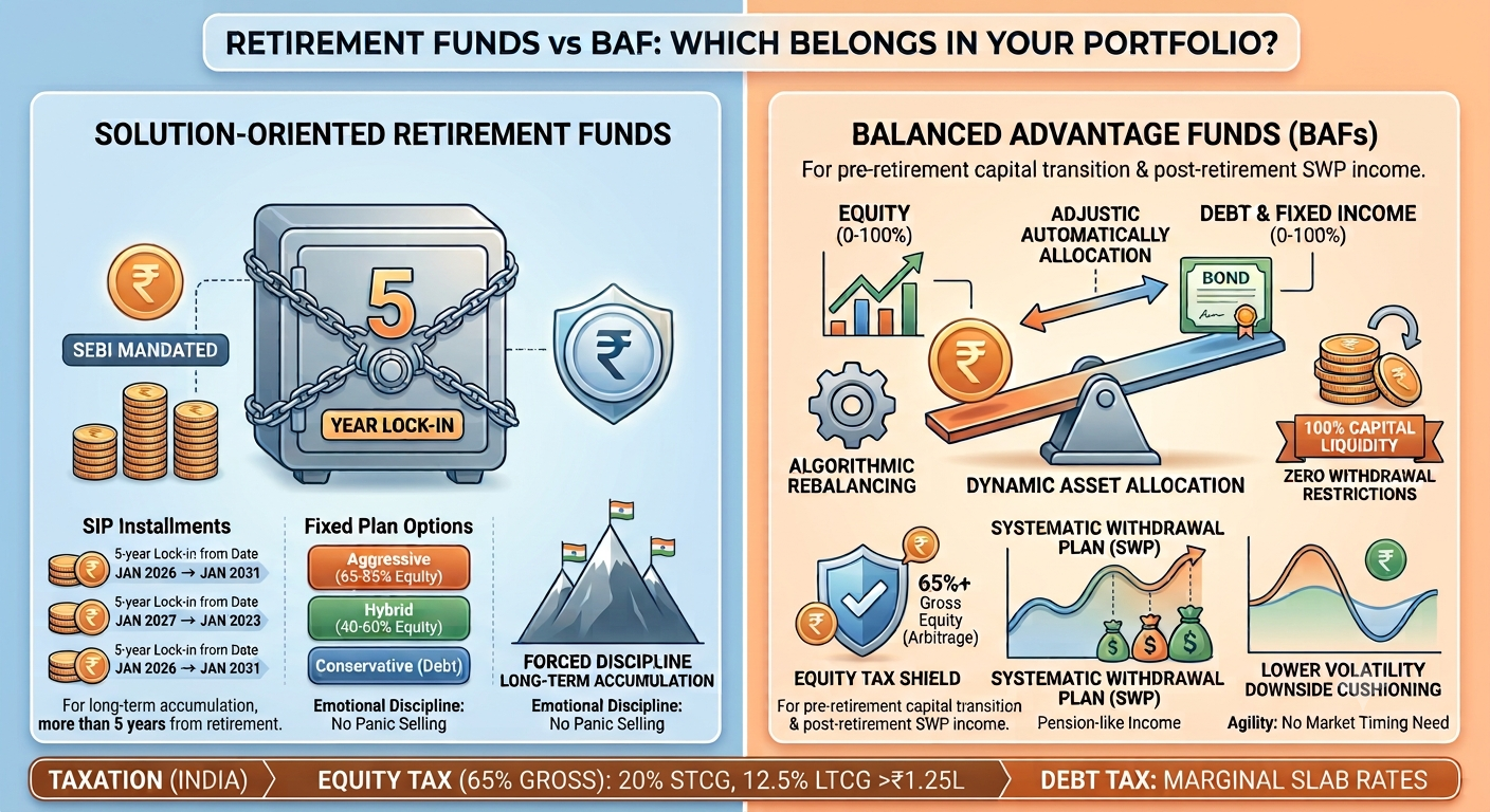 Infographic comparing Solution-Oriented Retirement Funds vs Balanced Advantage Funds in India, detailing 5-year lock-in rules, dynamic equity allocation, SWP payouts, and Indian mutual fund taxation