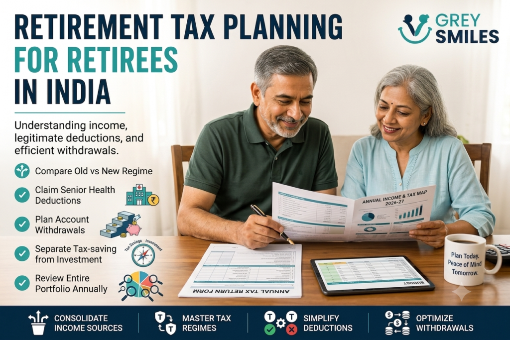 Senior Indian couple reviewing their financial documents and annual tax map at home, representing retirement tax planning in India.