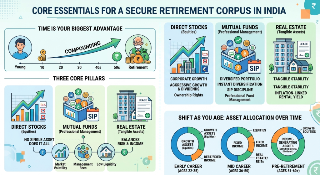 A detailed infographic titled "CORE ESSENTIALS FOR A SECURE RETIREMENT CORPUS IN INDIA," illustrating the benefits of time, the three investment pillars (stocks, mutual funds, real estate), asset allocation balancing, and a lifecycle approach to investing as one ages.