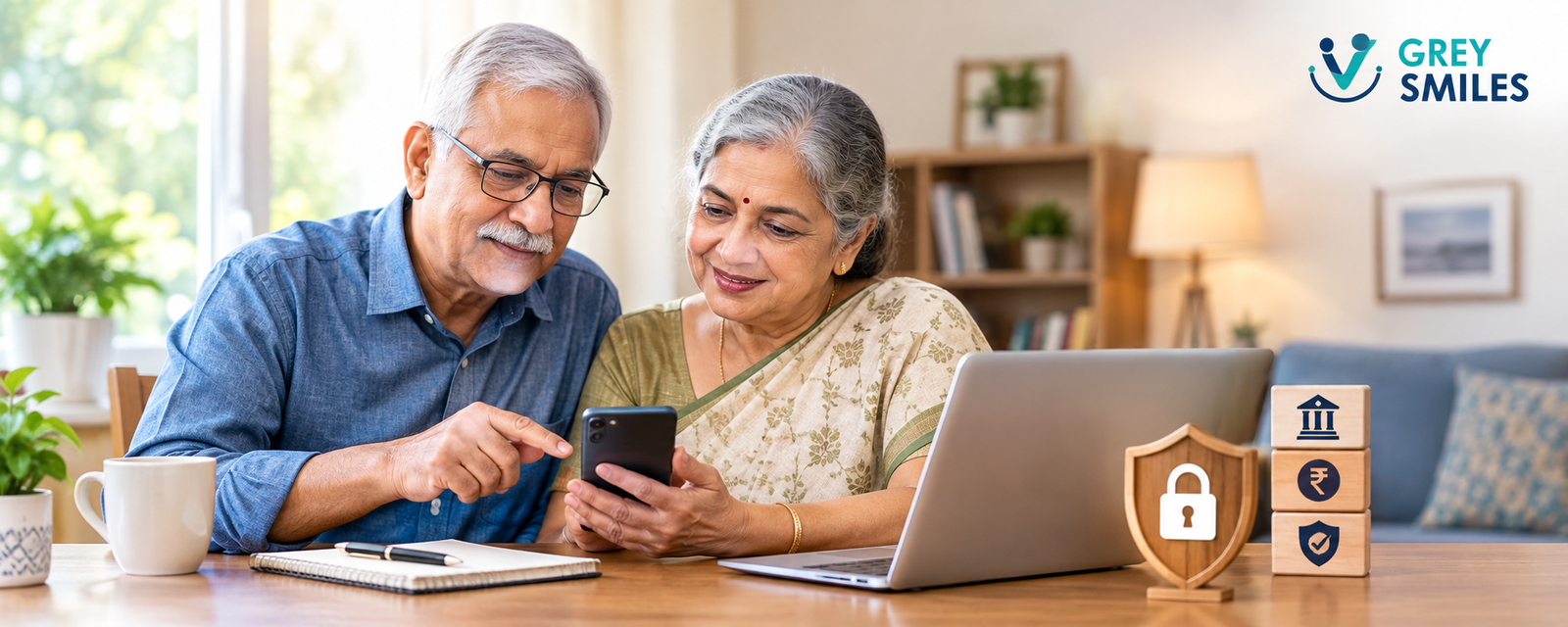 Indian senior couple using a smartphone and laptop while checking financial security