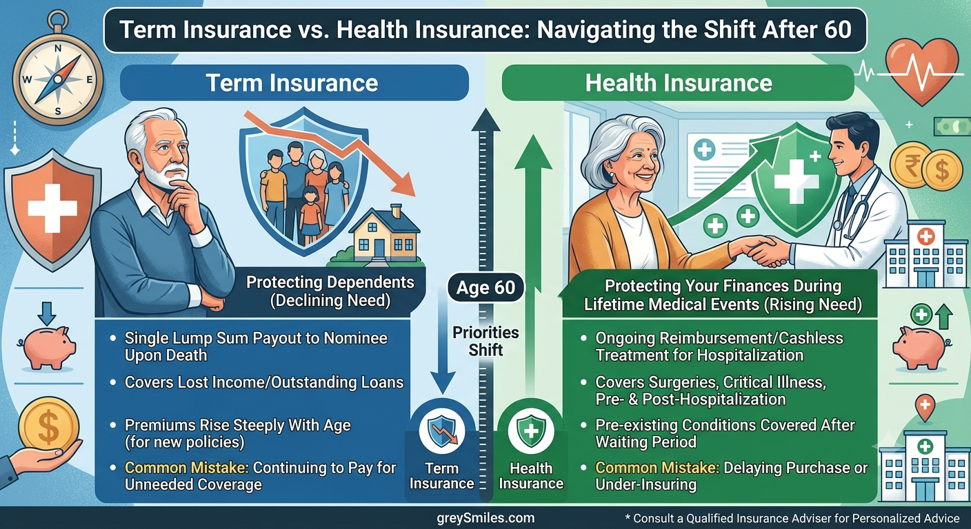 Split infographic comparing term insurance and health insurance after age 60, showing declining need for term cover and rising need for health insurance.