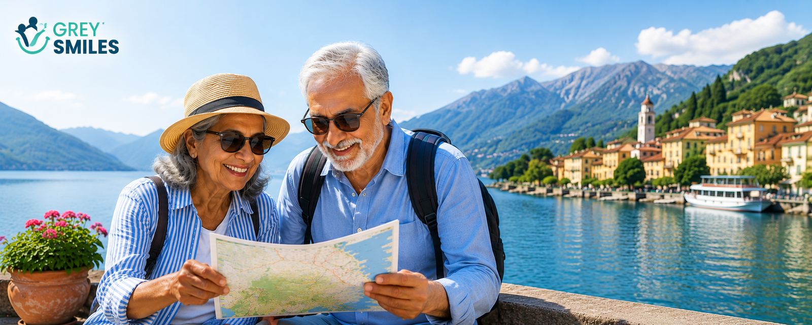 Older couple planning a holiday together while studying a travel map