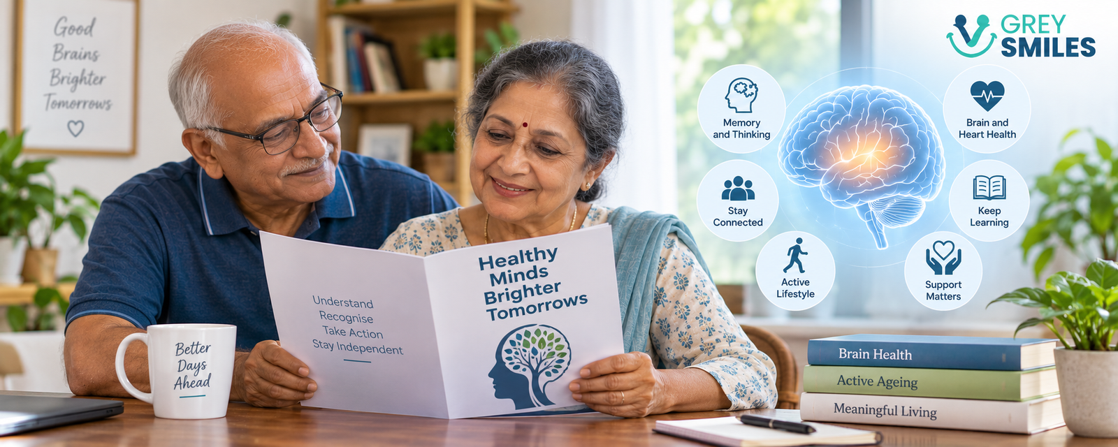 Older Indian couple learning about Alzheimer’s disease, dementia and healthy brain ageing
