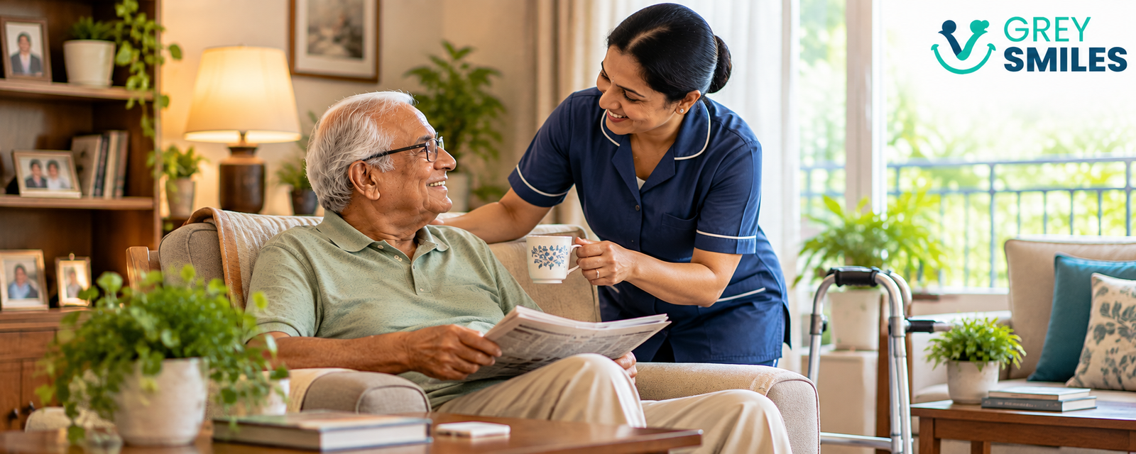 Caregiver providing support to an elderly man at home
