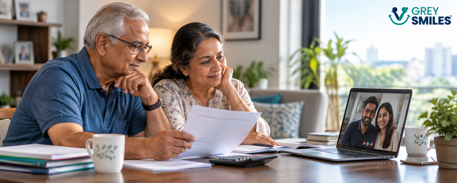 Elderly Indian parents discussing finances with their children living abroad