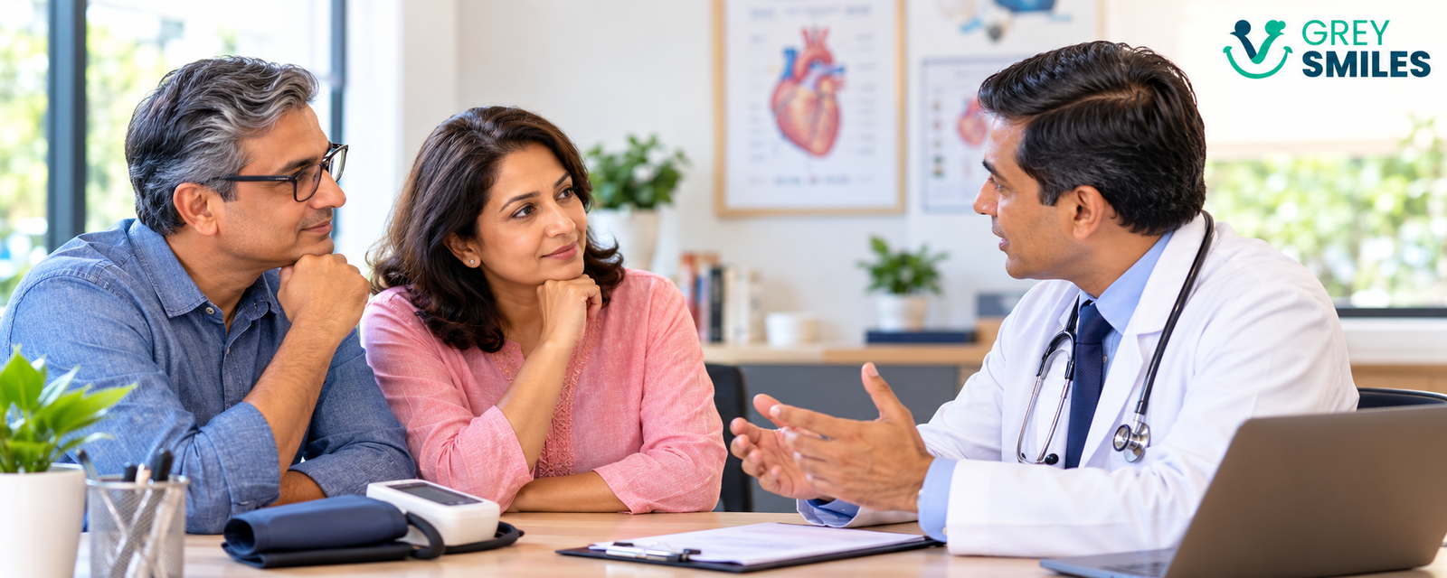Indian couple in their 50s discussing health check-ups with a doctor