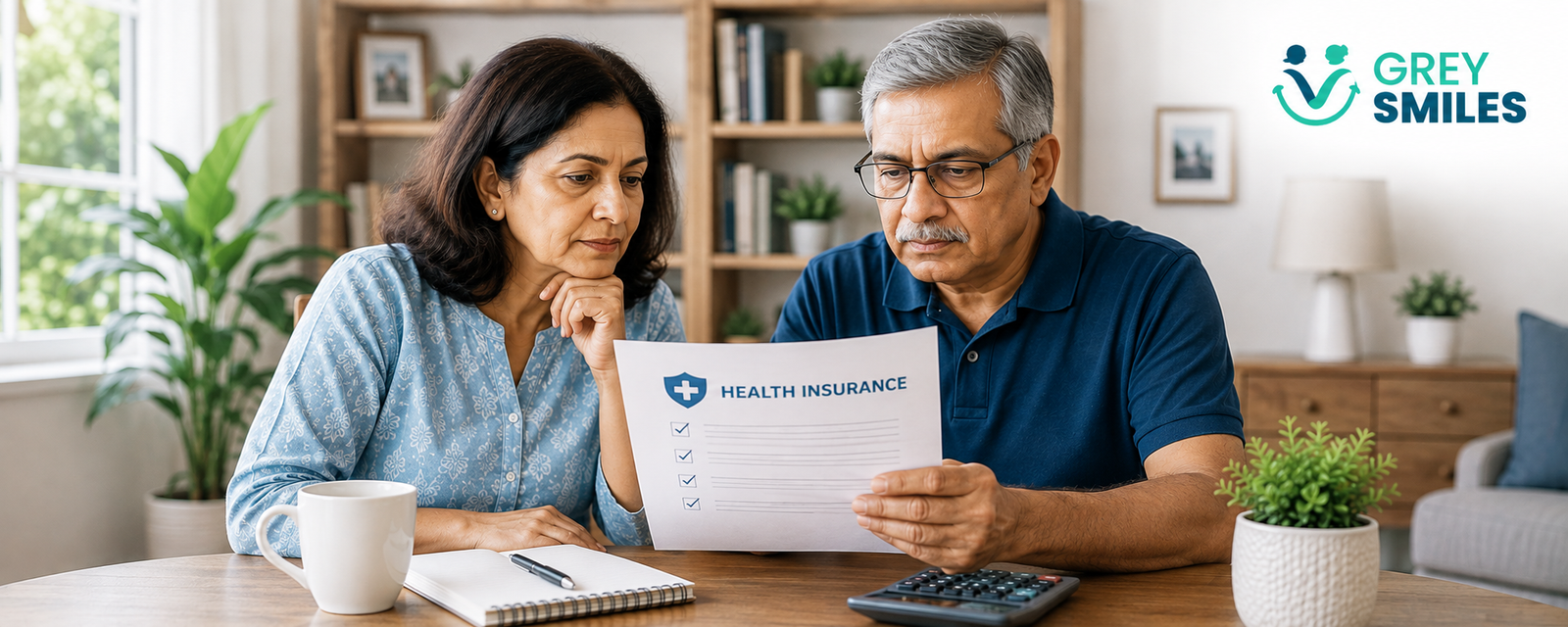 Indian couple reviewing their health insurance coverage for retirement