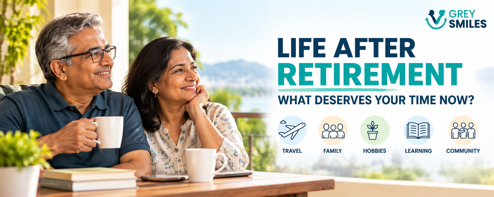 Older couple enjoying life after retirement with travel, family, hobbies and learning