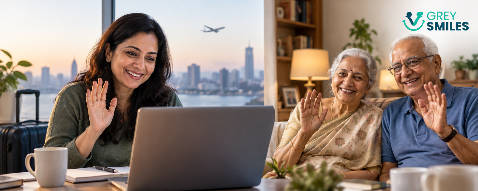 Indian woman video calling her elderly parents from a distance