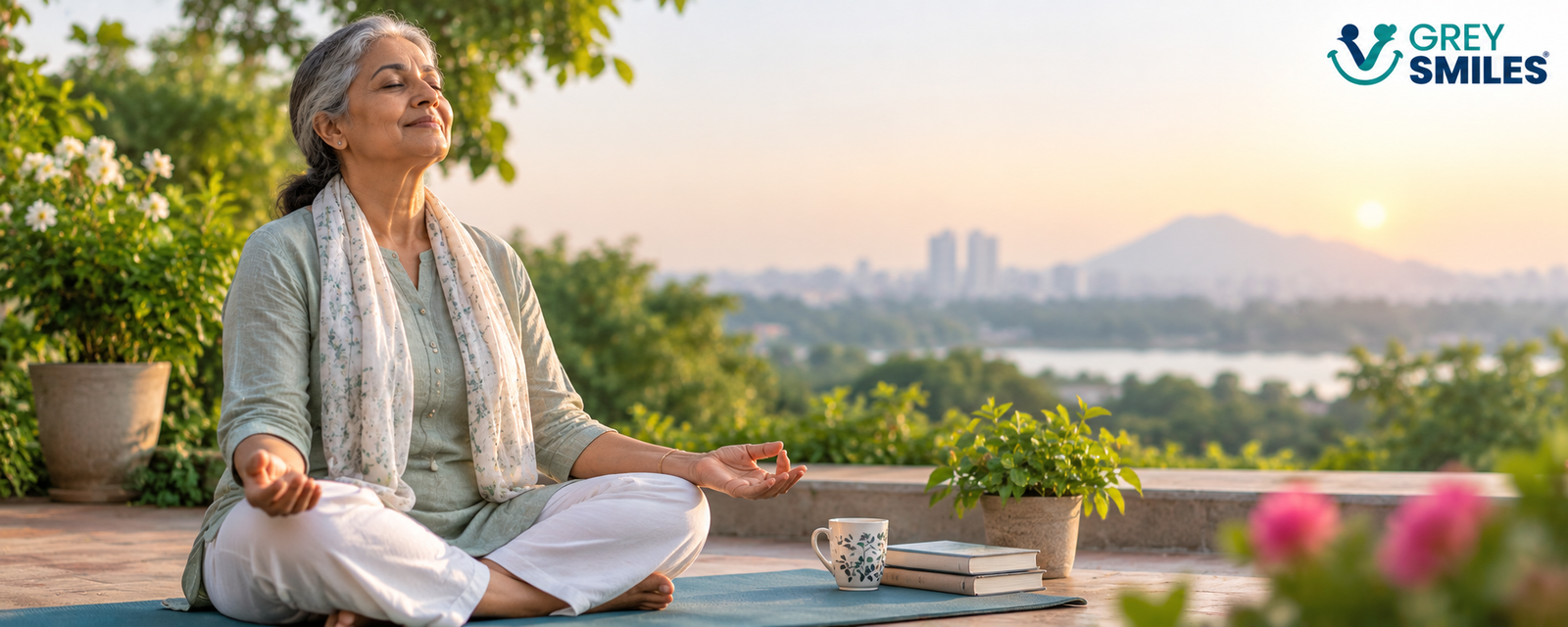 Older Indian woman practising meditation during retirement