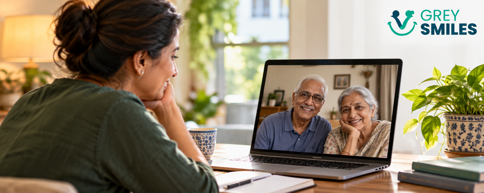 NRI daughter speaking with her parents in India on a video call