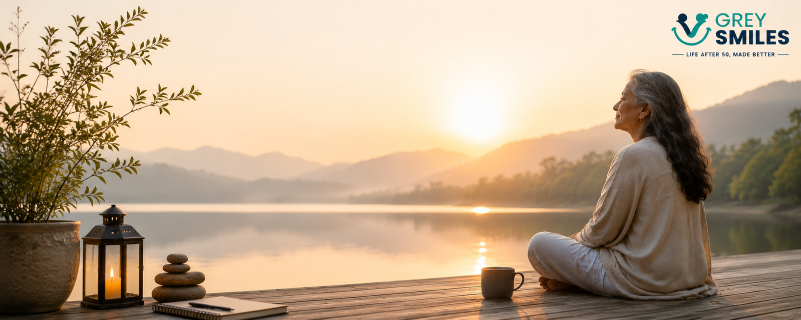 Woman enjoying quiet stillness by a lake after 50