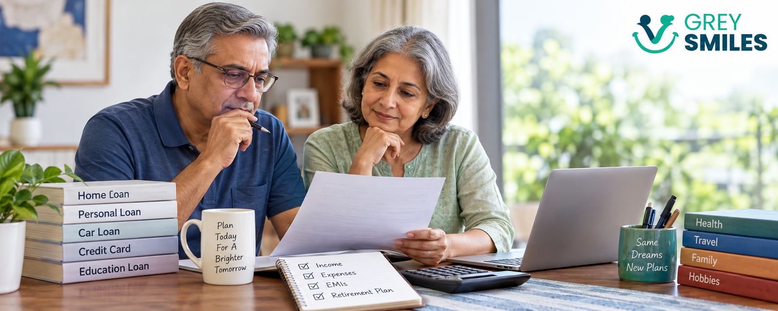 Indian couple reviewing loans and retirement finances before retirement