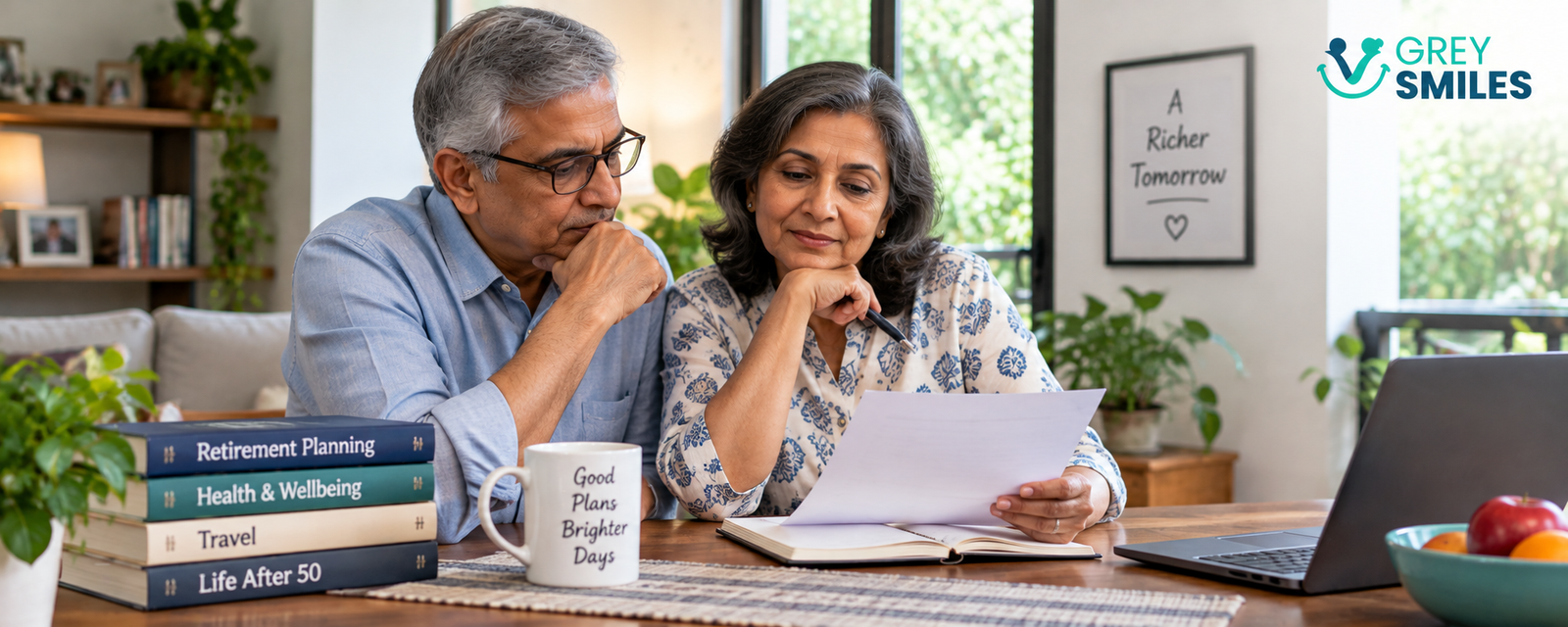 Indian couple reviewing their retirement income and expenses while planning for inflation