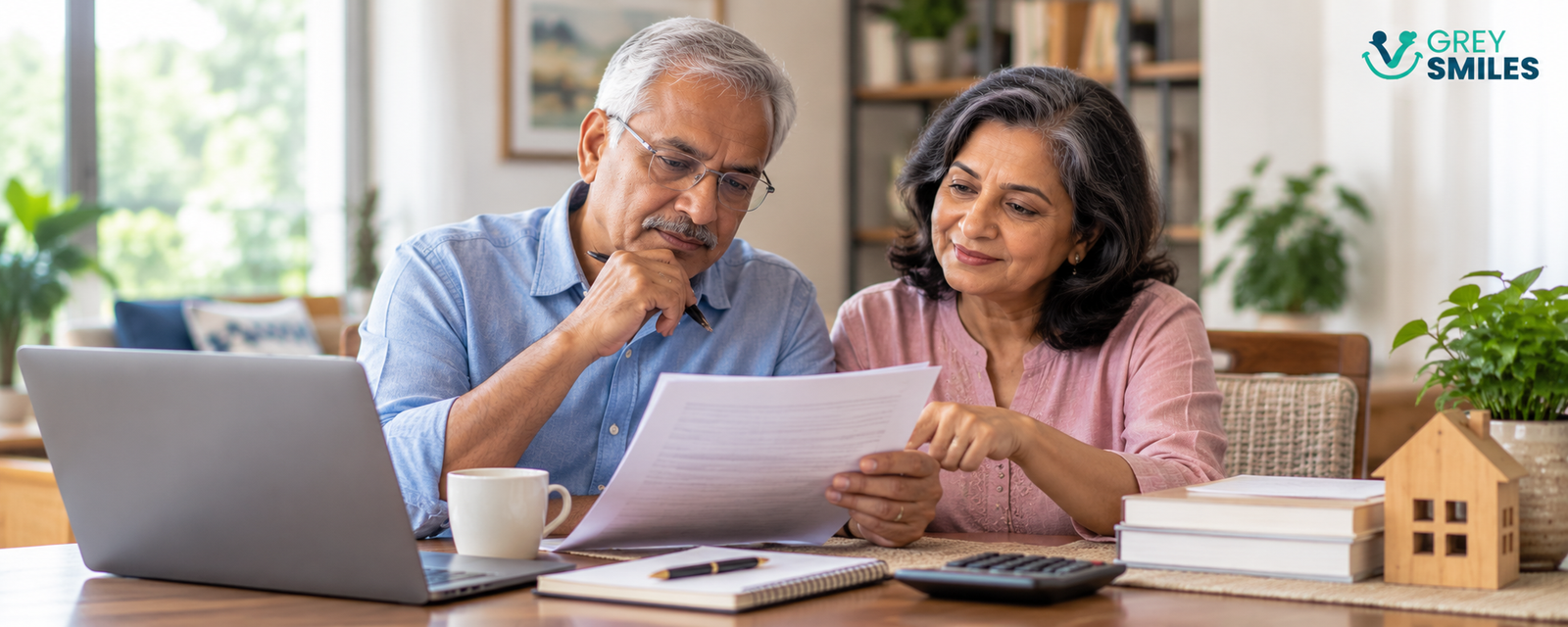 Older Indian couple reviewing finances and retirement plans together