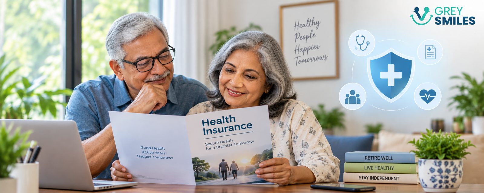 Senior Indian couple reviewing health insurance options after retirement