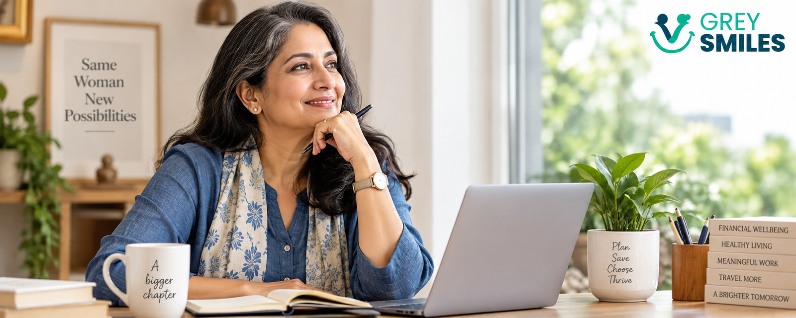 Woman considering financial independence and new possibilities after 50