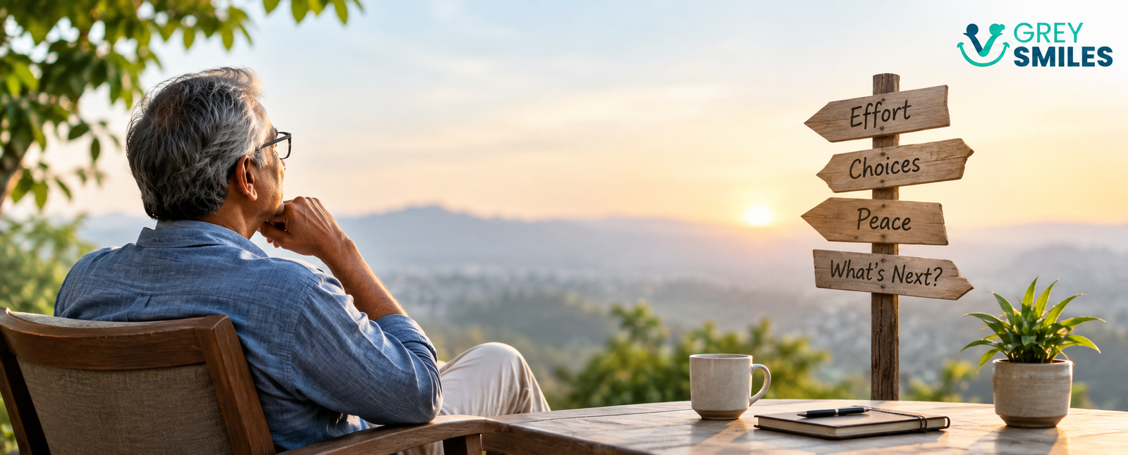 An older man reflecting on effort, choices and peace while watching the sunrise.