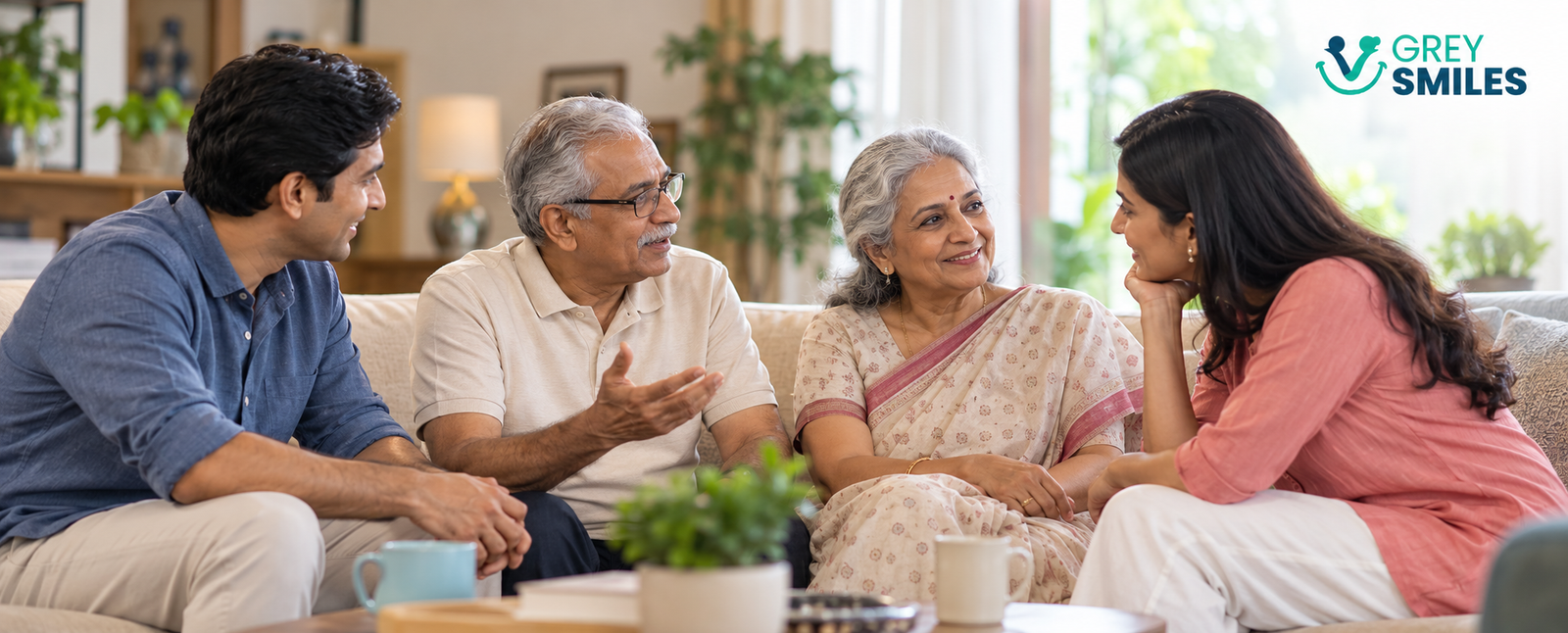Indian parents having a warm conversation with their adult children at home