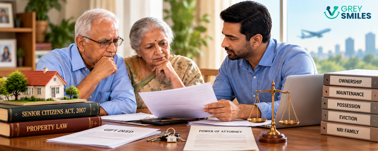 Elderly Indian parents reviewing property documents and legal rights with a family member