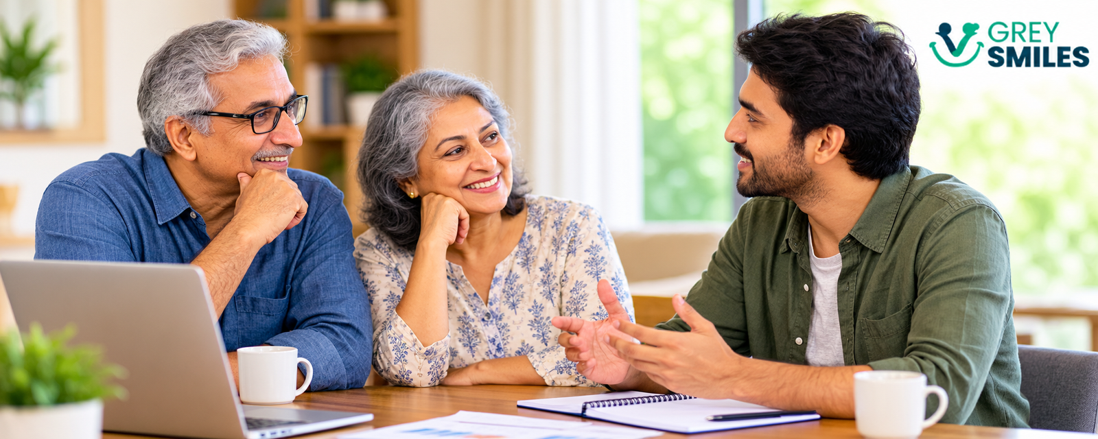 Indian parents discussing financial planning and future support with their adult son