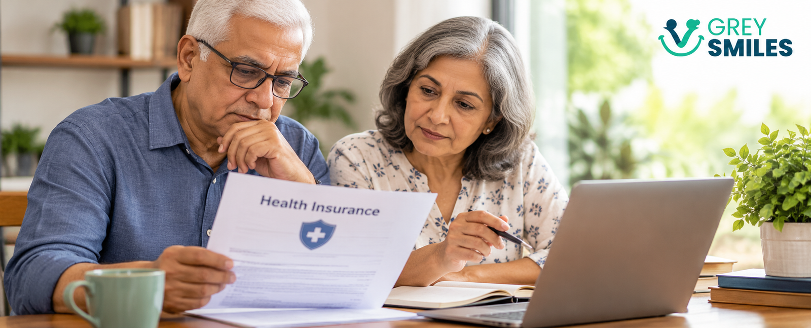Senior couple reviewing health insurance options after 60