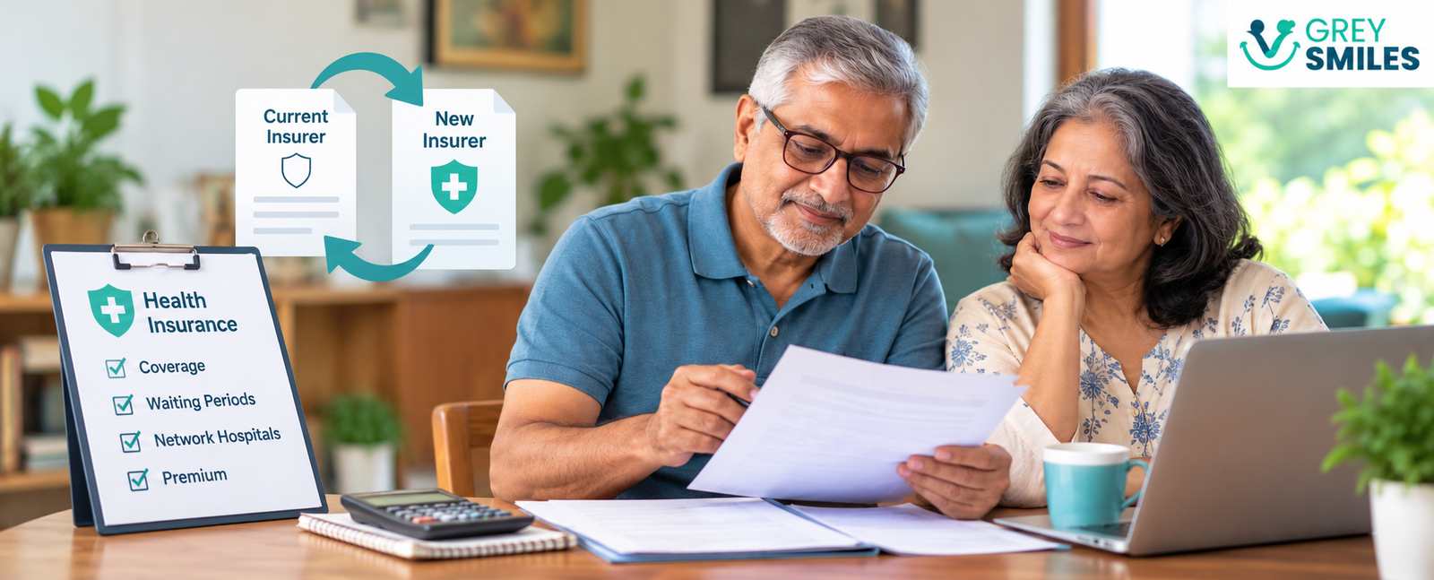 Senior Indian couple reviewing health insurance portability, waiting periods and coverage options