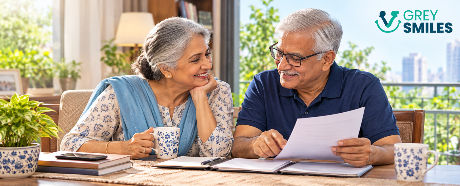 Older Indian couple discussing retirement plans and financial independence at home
