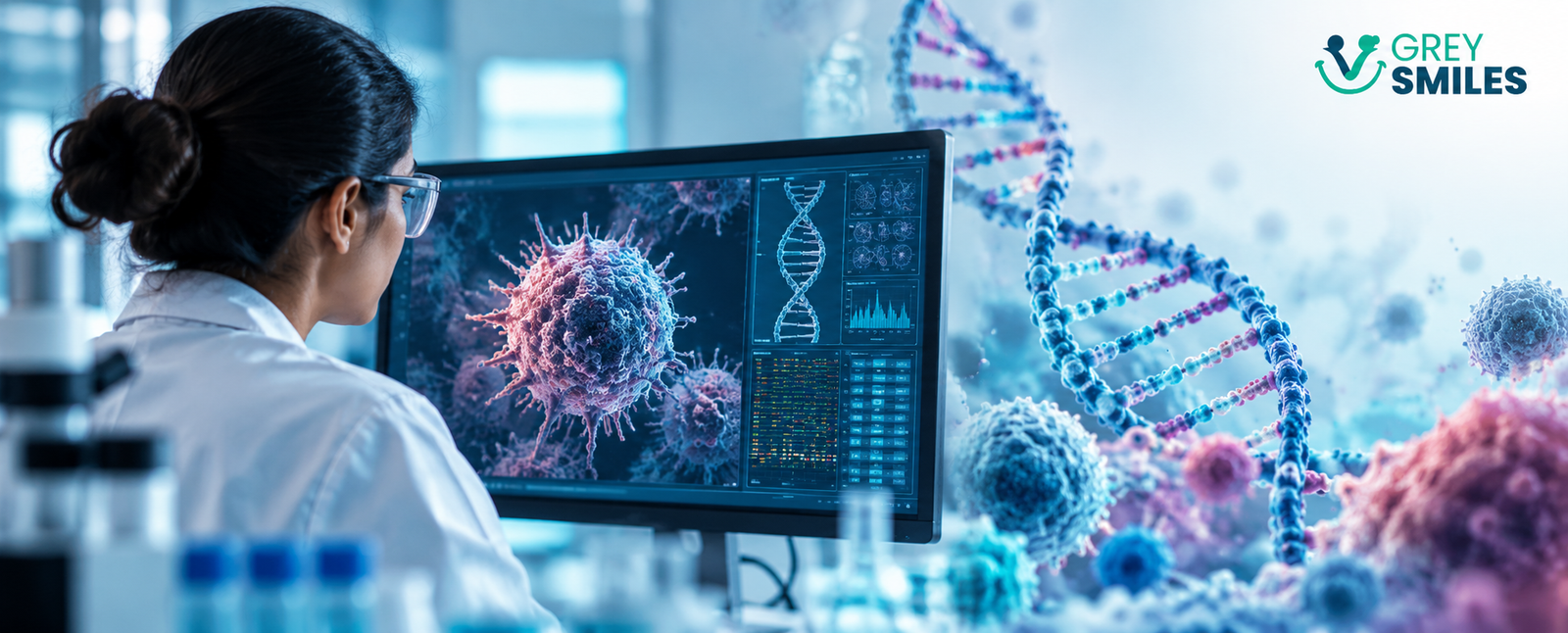 Scientist studying cancer cells and DNA data for personalised cancer treatment research