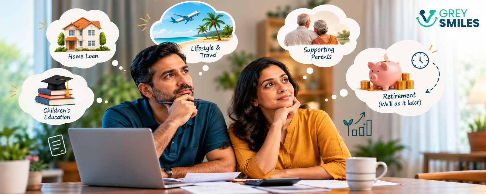 Indian couple in their 30s and 40s thinking about home loans, children’s education, supporting parents and retirement planning.