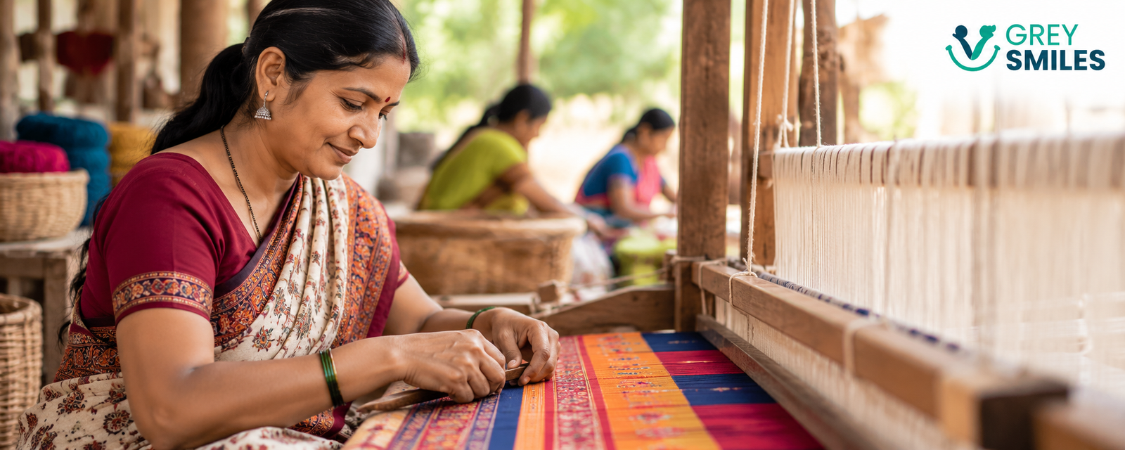 Woman artisan weaving colourful fabric on a traditional handloom in India